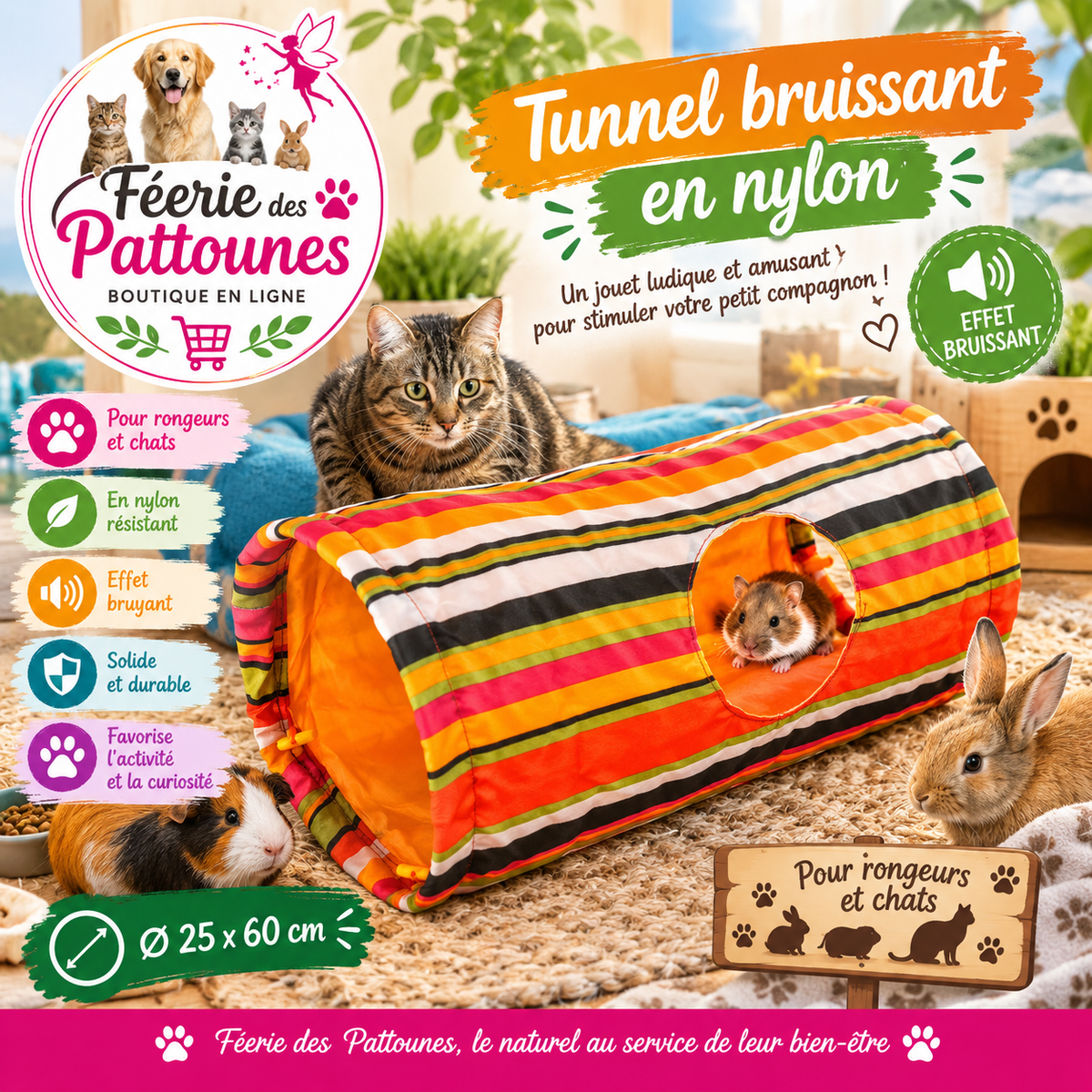 🎪🐾 Kerbl – Tunnel Bruissant en Nylon pour Rongeurs & Chats (Ø 25 × 60 cm)