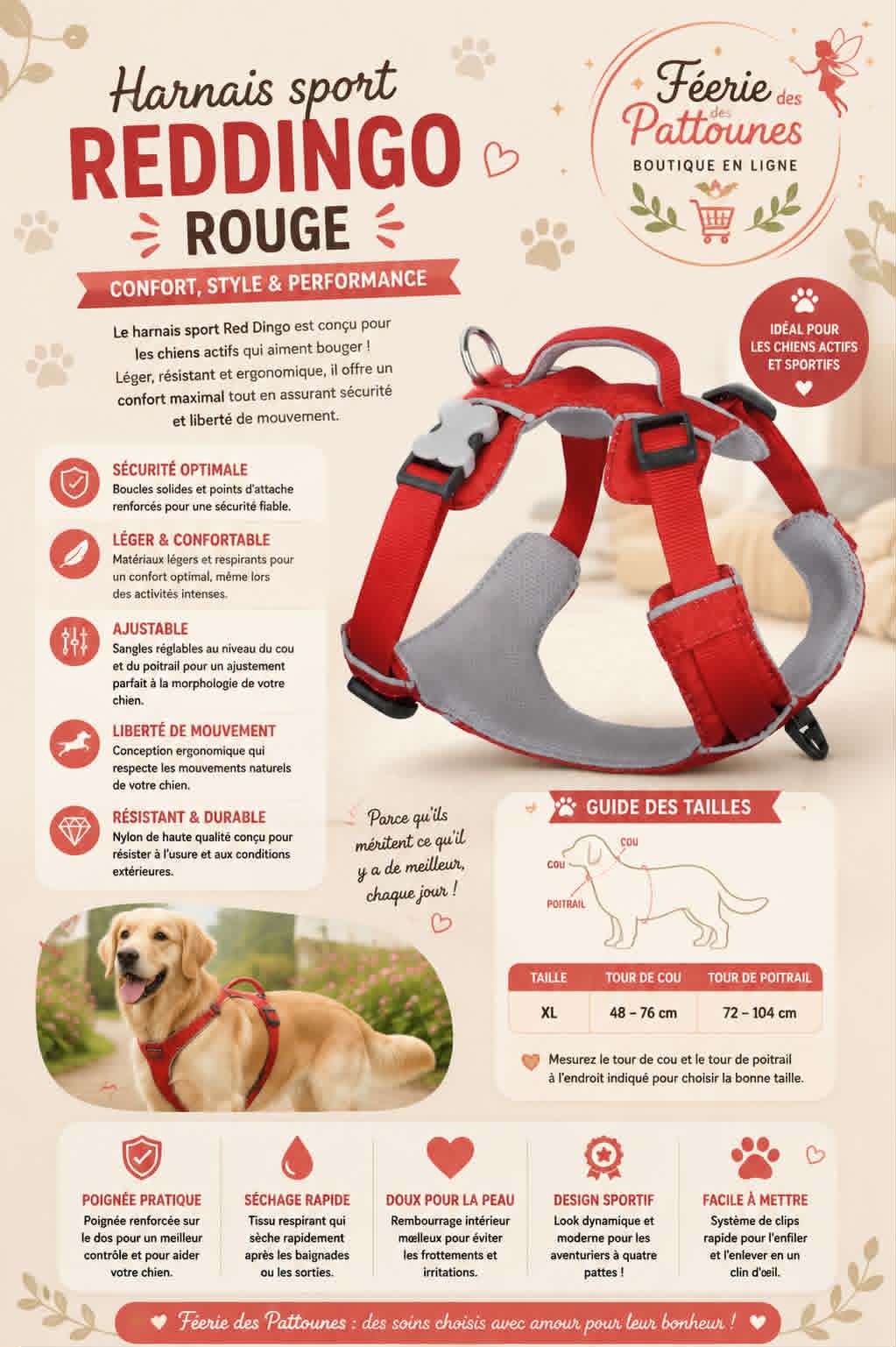 🔴 Harnais Sport Red Dingo – Rouge (Tailles S • M • L • XL)