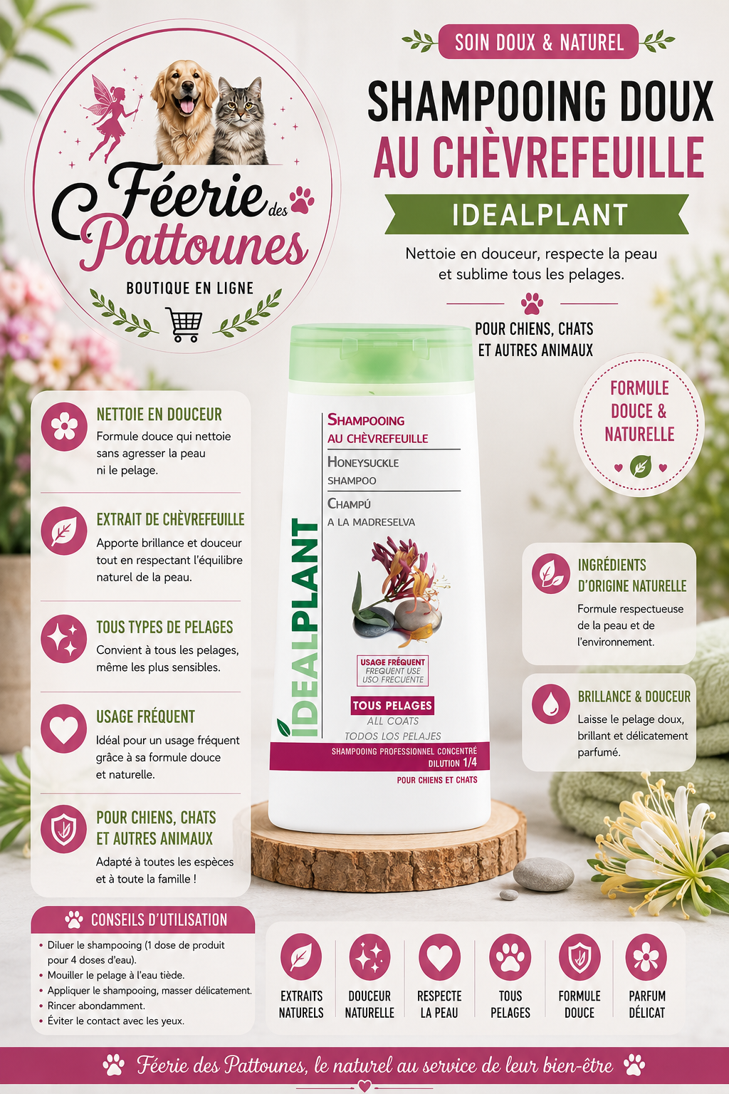 🌿 Shampooing IdealPlant Doux au Chèvrefeuille (250 ml • 5 L)