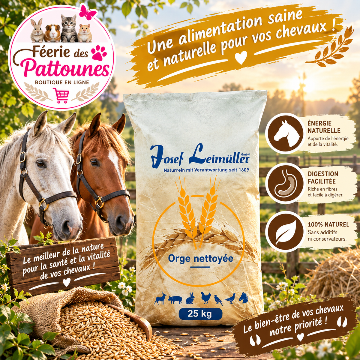 🌾🐴 Leimüller – Orge Nettoyée pour Chevaux (25 kg)
