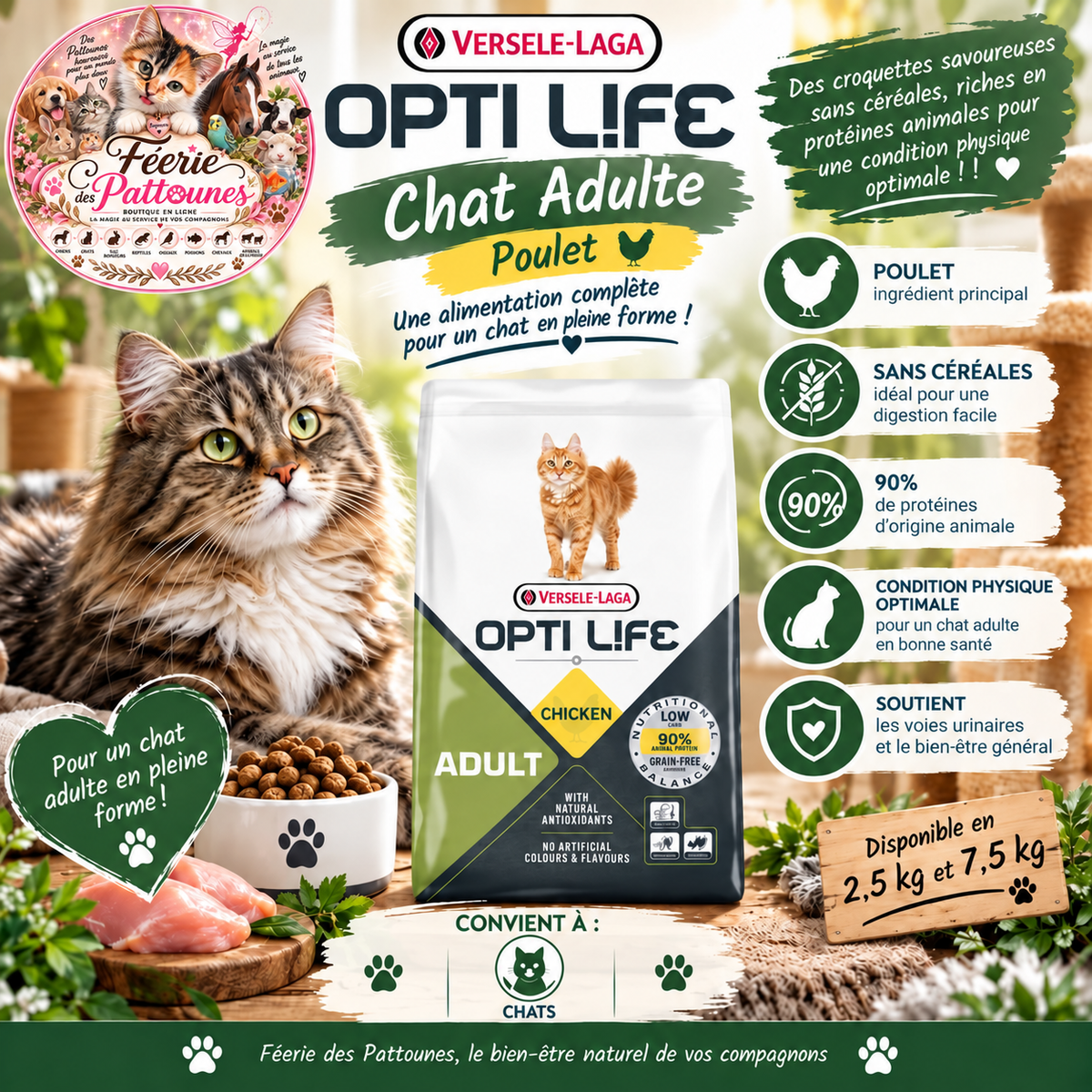 🐱🔥 Opti Life – Chat Adulte – Poulet – 2.5 kg & 7.5 kg