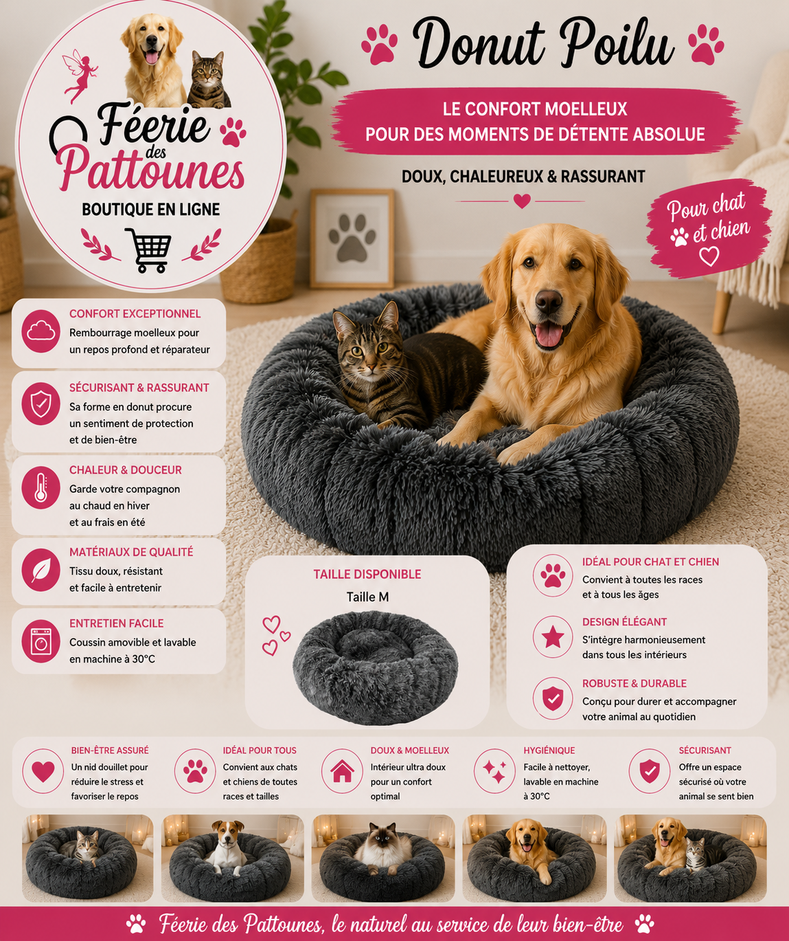 🖤🐾 Donut Poilu – Noir (Ø 70 cm • H 25 cm)