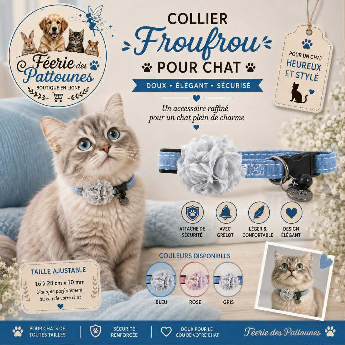 💙🎀 Collier Froufrou – Pour Chat (Bleu • 16 à 28 cm × 10 mm)