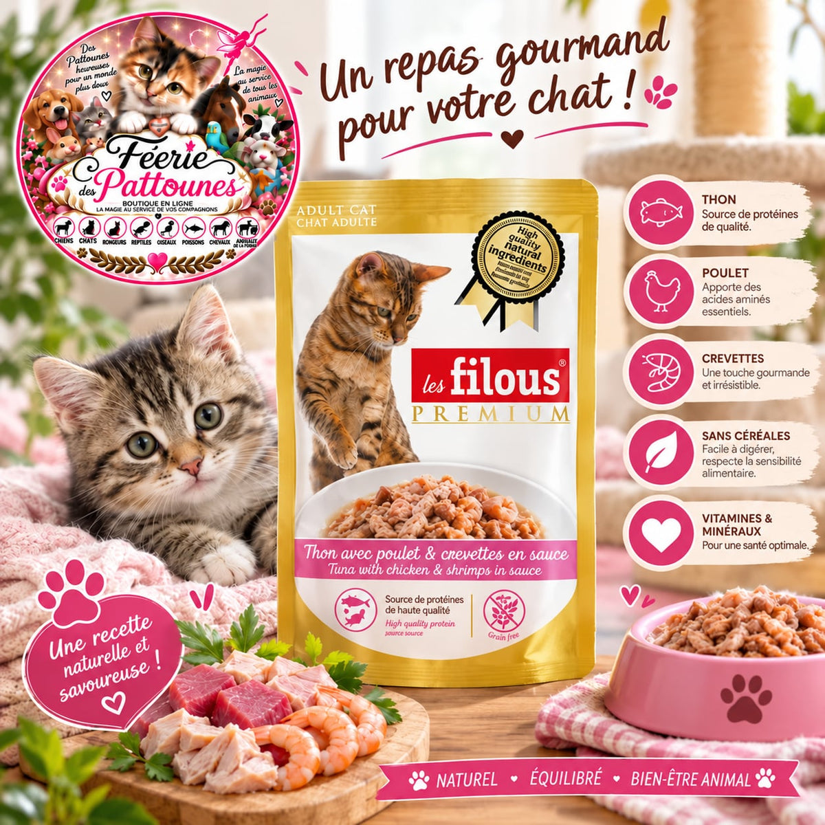 🐱🐟🍗 Sachet Fraîcheur – Thon, Poulet & Crevettes en Sauce – 80 g (x24)