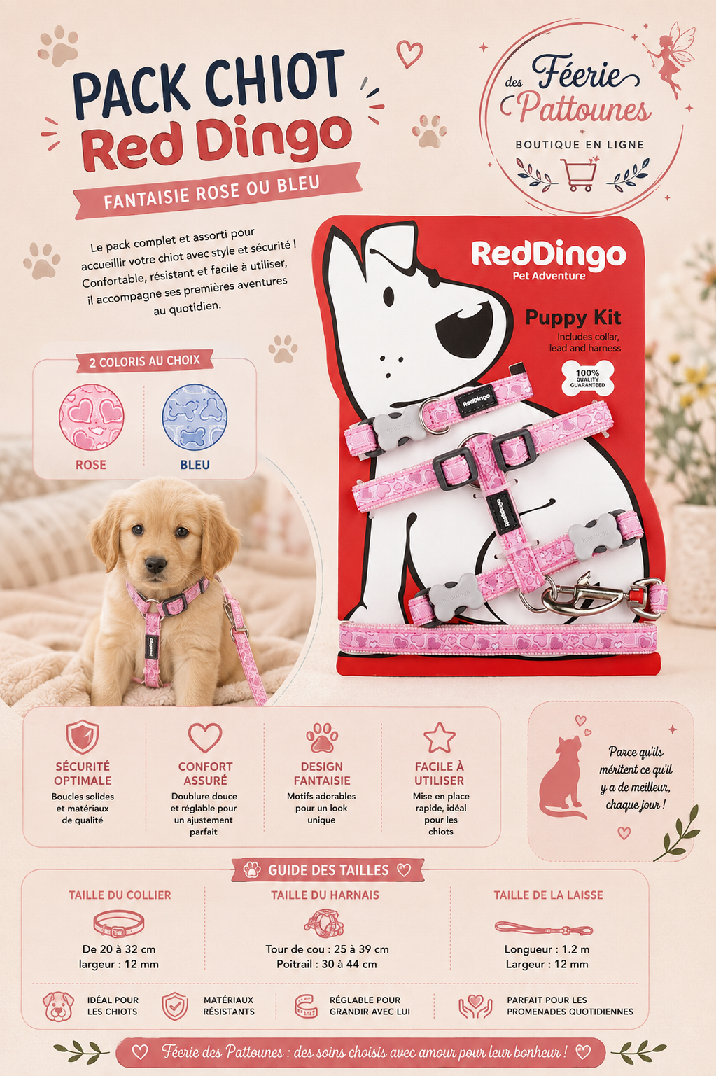 🐾 Pack Chiot Red Dingo – Collier + Harnais + Laisse (2 coloris)