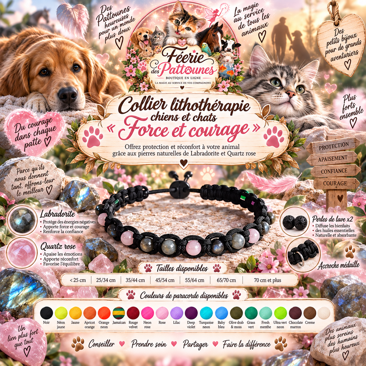 🐶🐱🔥 Collier Lithothérapie – “Force et courage”