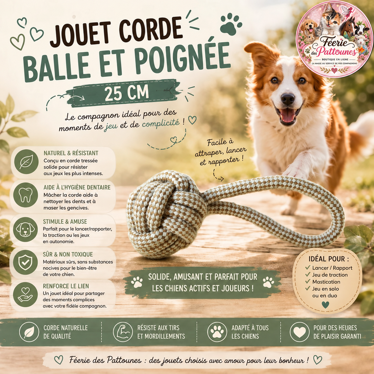 🪢 Jouet Corde Balle & Poignée – 25 cm
