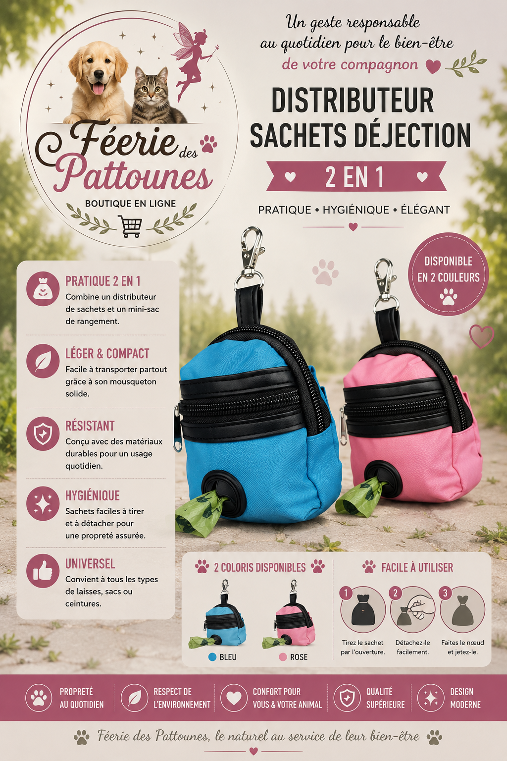 🎒 Distributeur de Sachets Déjection 2‑en‑1 – Rose ou Bleu (12 × 9 × 2 cm)