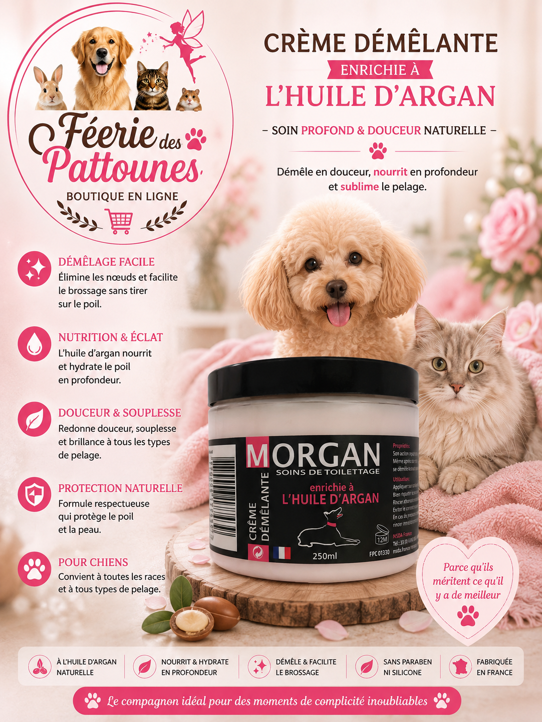 ✨🐶 Crème Démêlante à l’Huile d’Argan – Morgan (250 ml • 1 L)