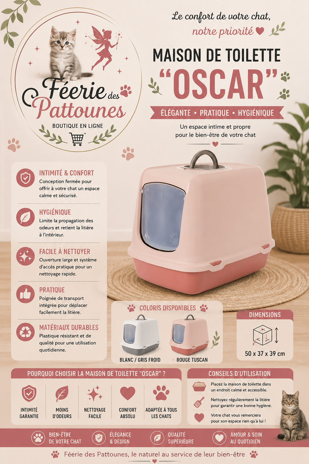🐱 Maison de Toilette “Oscar” Savic – Spacieuse & Anti‑Odeurs (50 × 37 × 39 cm)