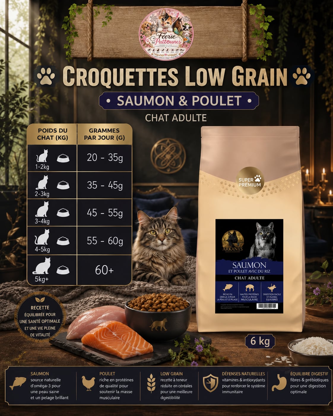 🐱 Croquettes Chat Adulte Low Grain – Saumon & Poulet (6 kg)