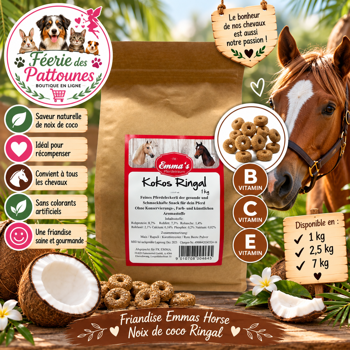 🥥🐴 Emmas Horse – Friandises Ringal Noix de Coco (1 kg • 2,5 kg • 7 kg)