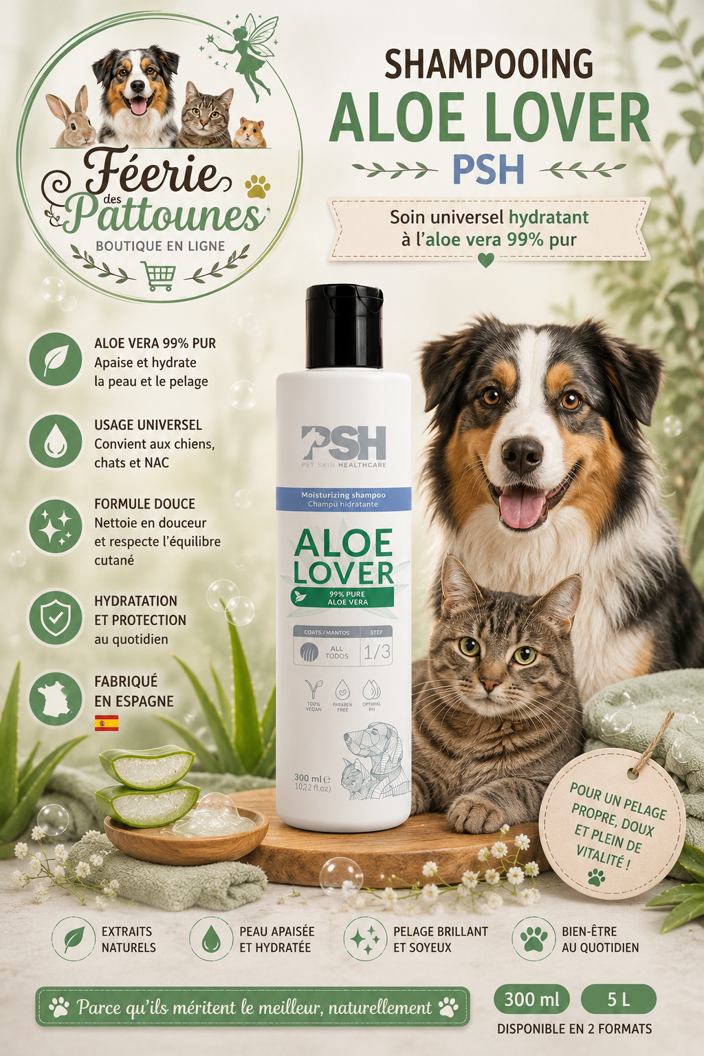 🌿 PSH Aloe Lover – Shampooing Universel Douceur & Éclat (300 ml • 5 L)