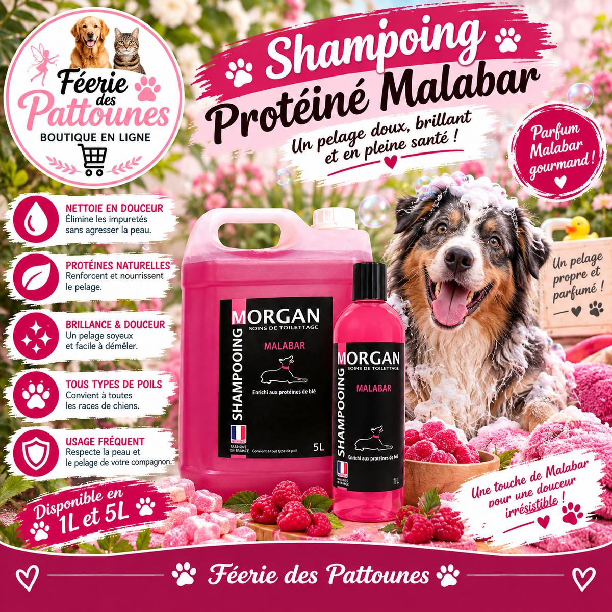 🐾🍬 Shampoing Morgan – Protéiné Senteur Malabar (250 ml • 1 L • 5 L)