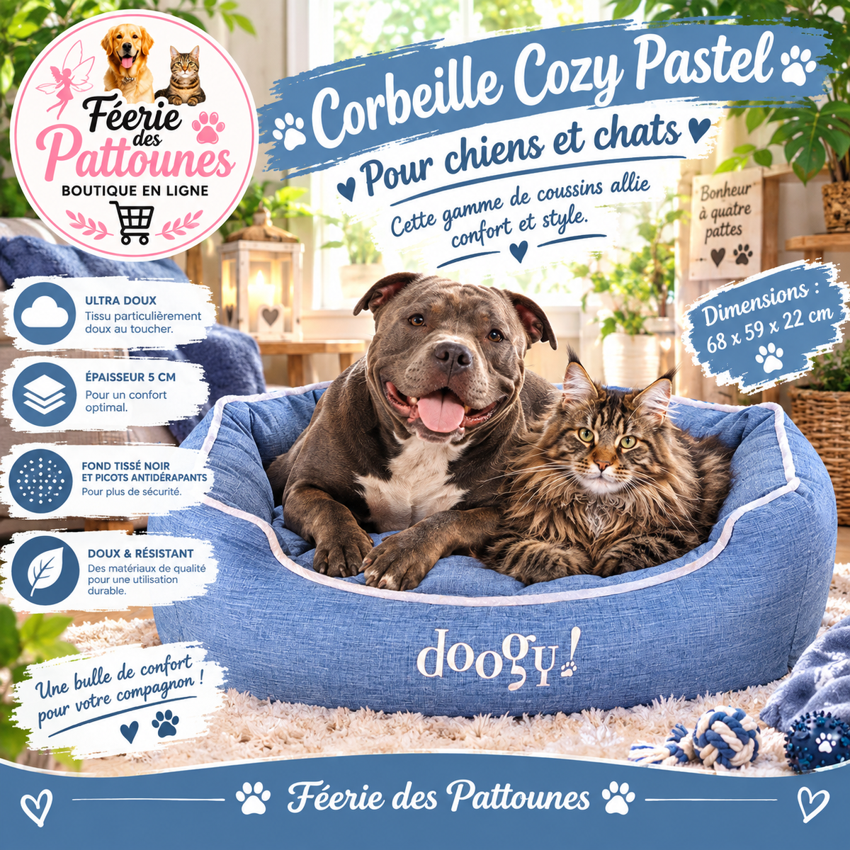 🐾💙 Corbeille Cozy Pastel – Bleue – 68 × 59 × 22 cm