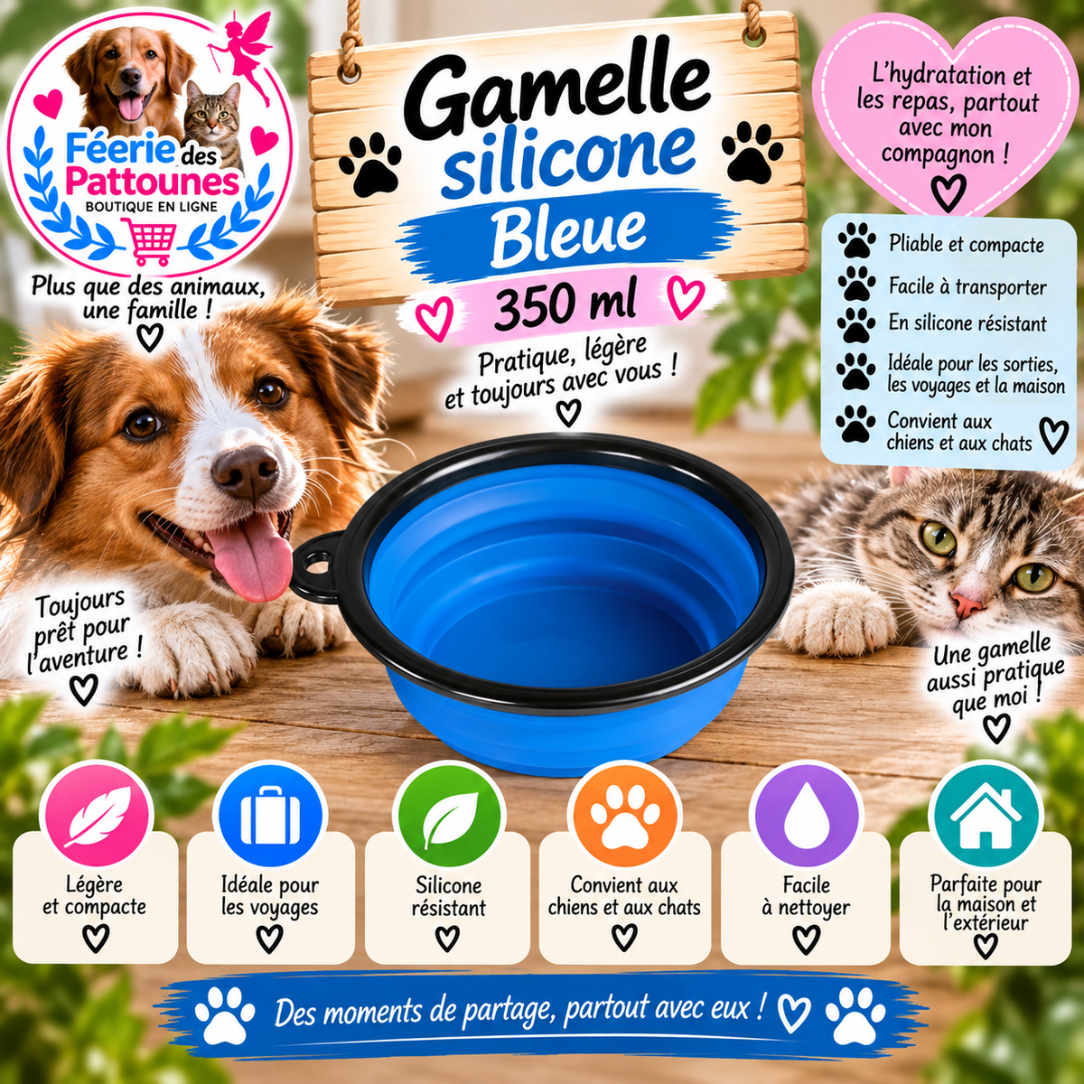 🔵🐾 Gamelle en Silicone Pliable – Bleue (350 ml)