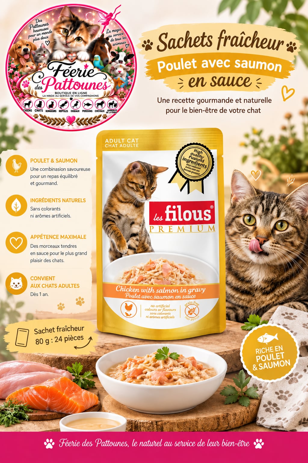 🐱🍗🐟 Sachet Fraîcheur – Poulet & Saumon en Sauce – 80 g (x24)