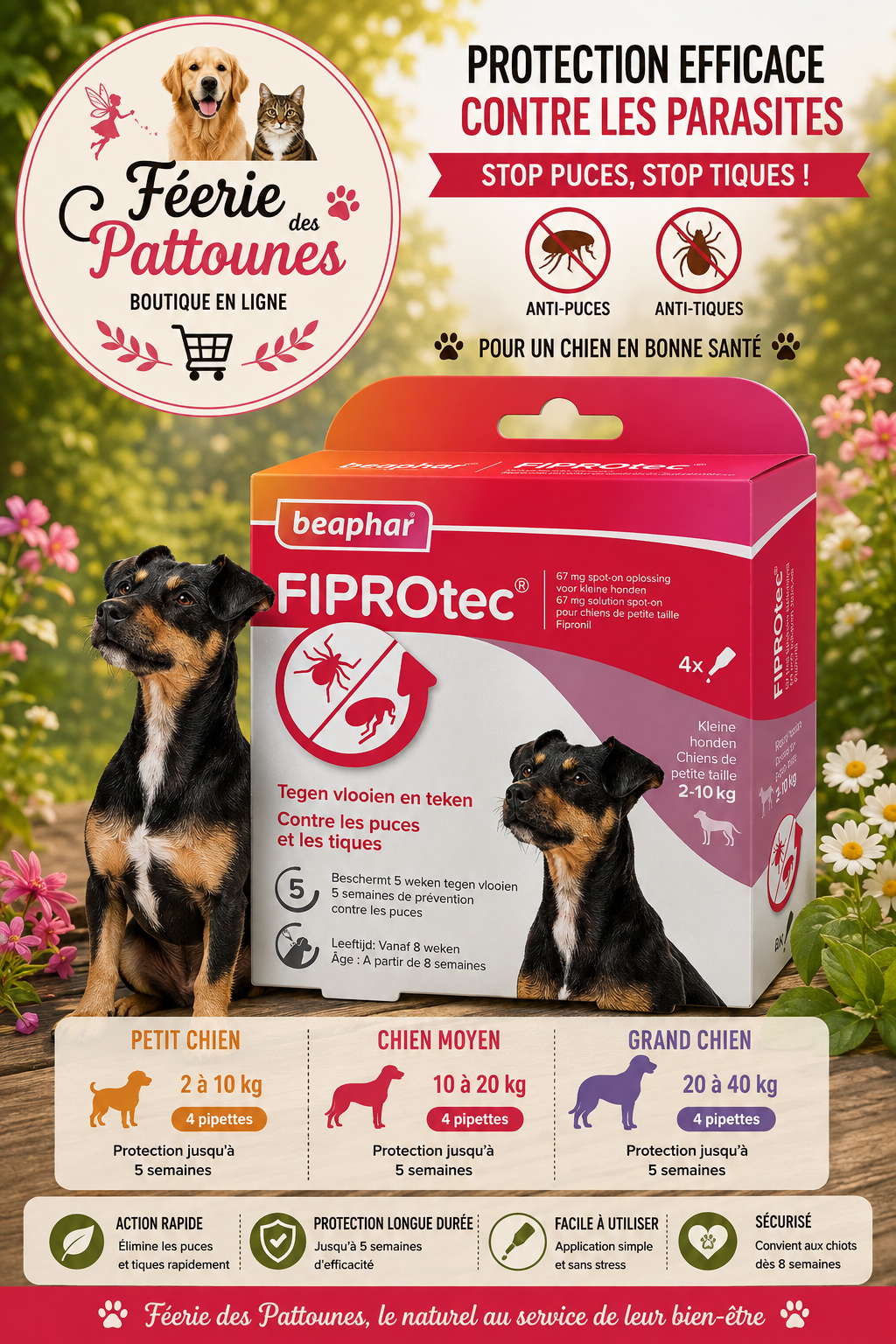 🛡️🐶 Pipettes Antiparasitaires FIPROtec – Beaphar Chien (4 pipettes)