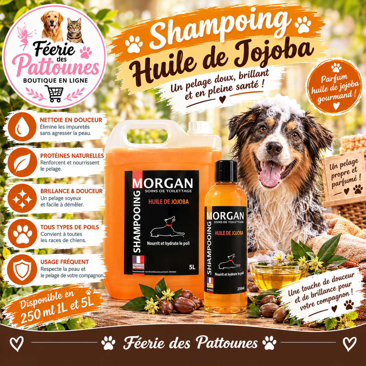 🐾✨ Shampoing Morgan – Huile de Jojoba & Senteur Pêche (250 ml • 1 L • 5 L)