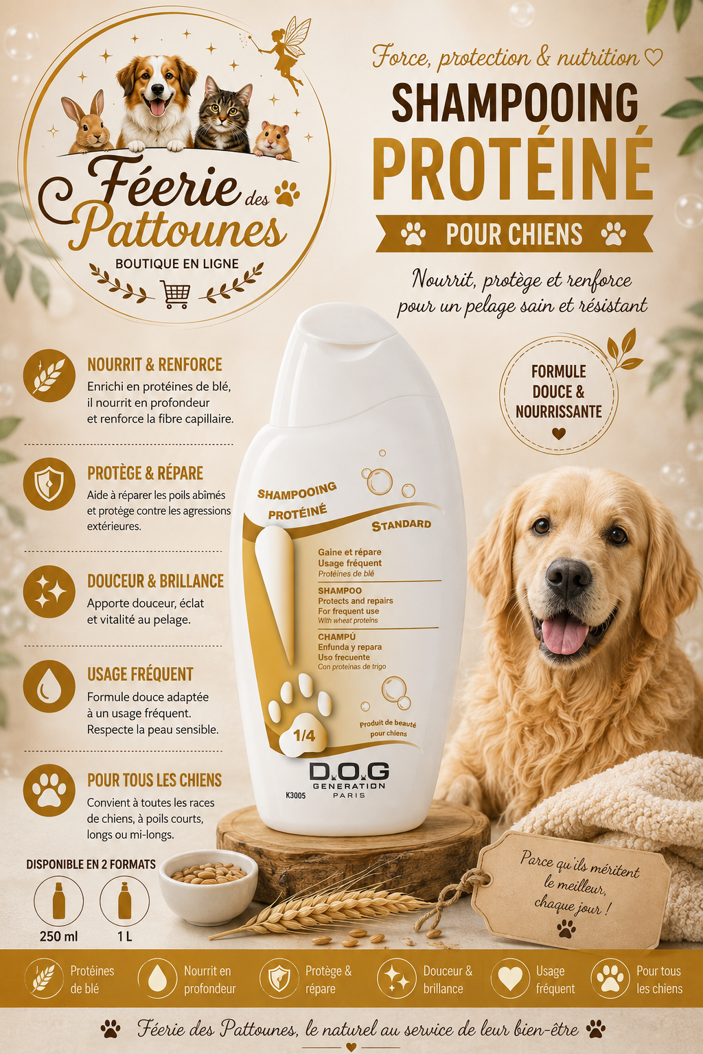 💛 Dog Génération – Shampooing Protéiné (250 ml • 1 L)