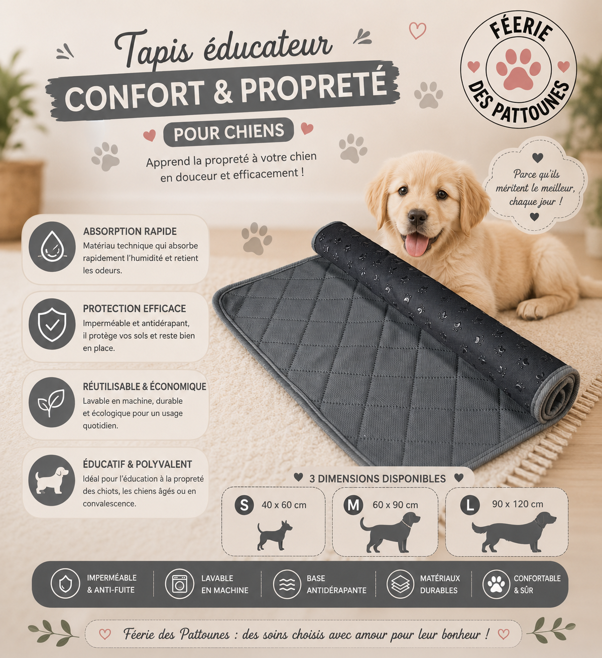🐾 Tapis Éducateur Gris – Lavable & Réutilisable (3 tailles)