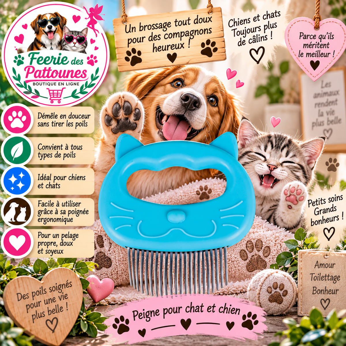 🐾 Peigne pour Chat & Chien – Dents Longues Incurvées (2,5 cm)
