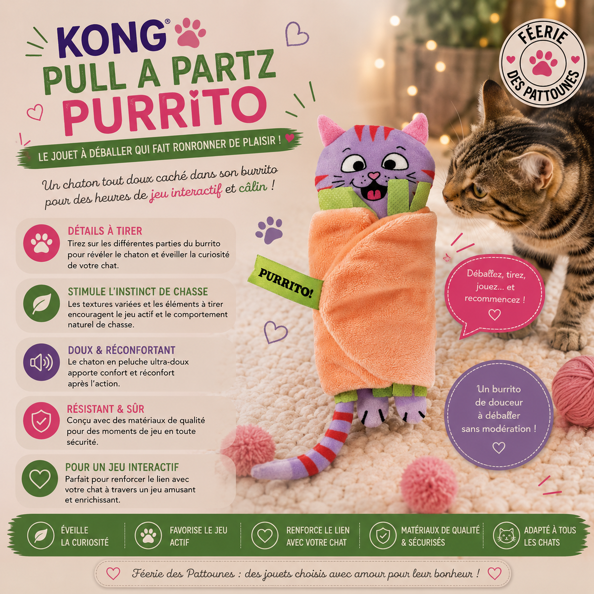 🌯 KONG® Pull‑A‑Partz Purrito – 2 Jouets en 1 (13 cm)