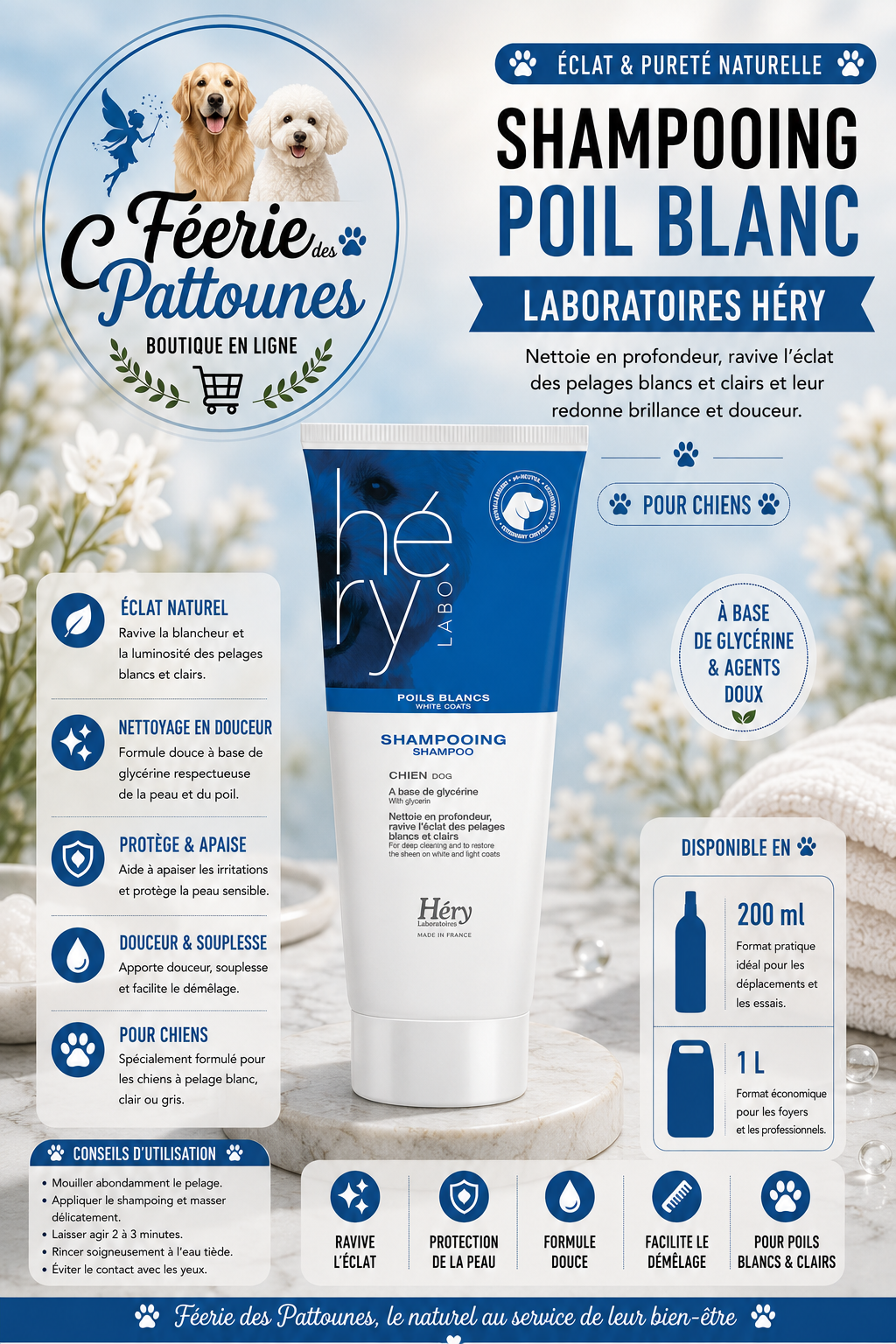 ❄️ Shampooing Poil Blanc – Laboratoires Héry (200 ml • 1 L)