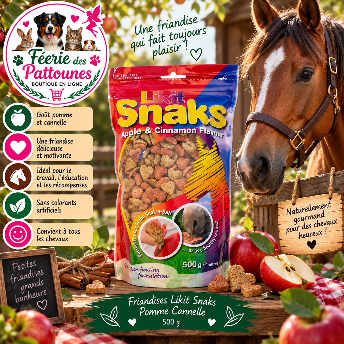 🍏🌿🐴 Likit Snaks – Pomme Cannelle (500 g, forme cœur)