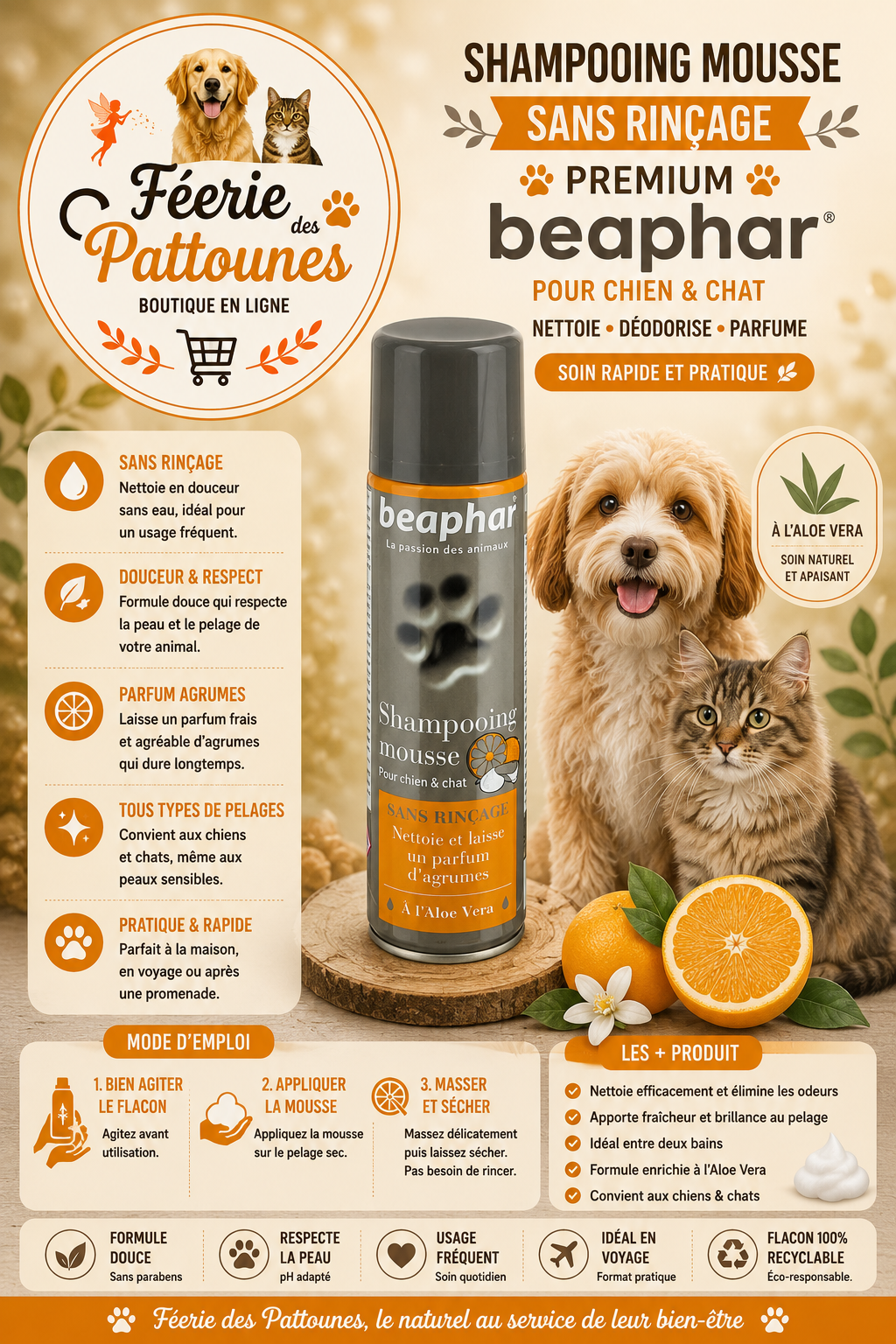 ✨🐶 Shampooing Mousse Sans Rinçage Premium – Beaphar (250 ml)