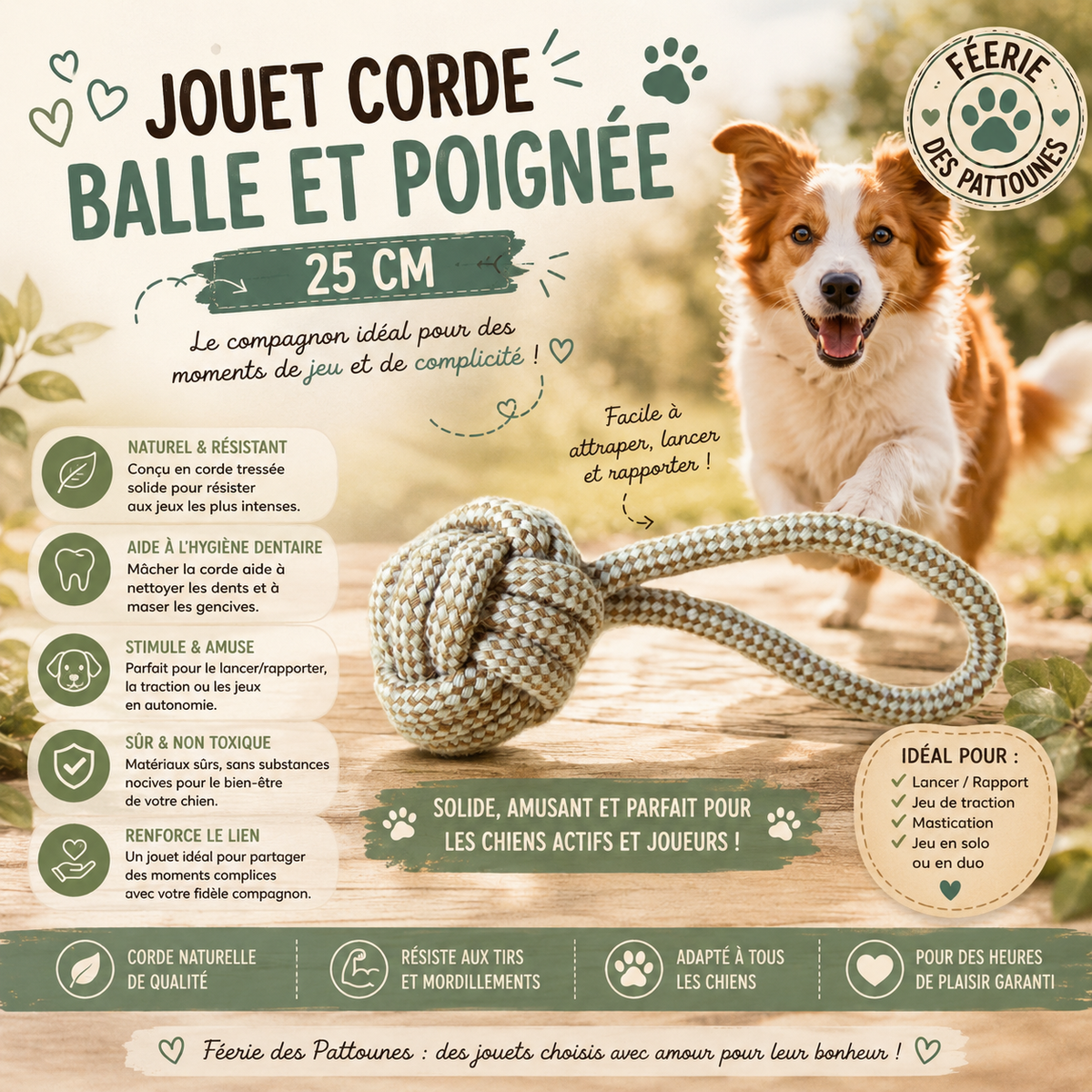 🪢 Jouet Corde Balle & Poignée – 25 cm