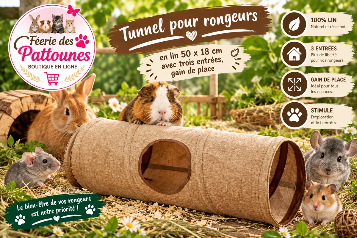 🌾🐇 Tunnel pour Rongeurs en Lin – 50 × 18 cm, 3 Entrées