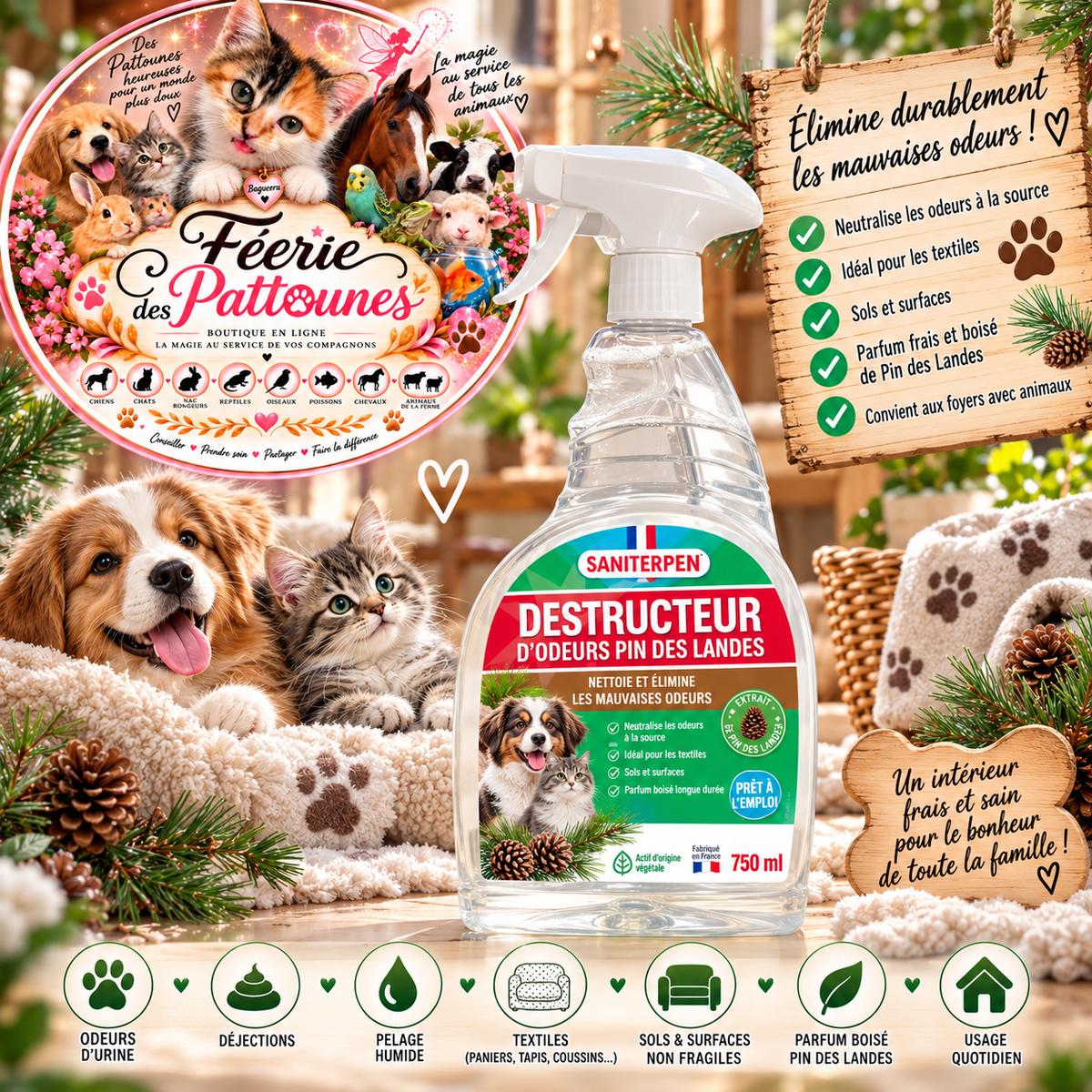 🌲 Saniterpen Destructeur d’Odeurs Pin des Landes – 750 ml