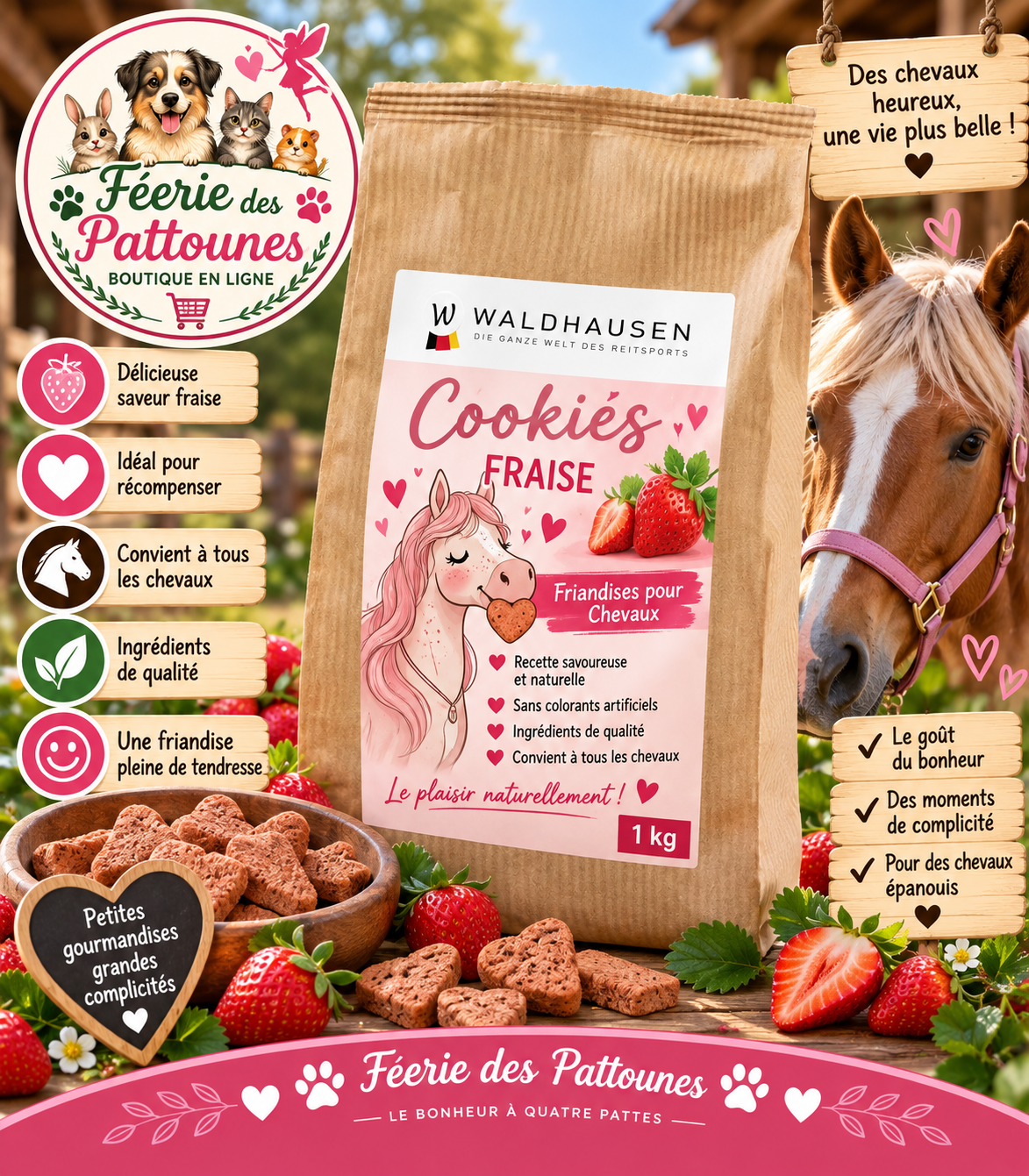 🍓🐴 Waldhausen – Cookies Fraise pour Chevaux (1 kg)