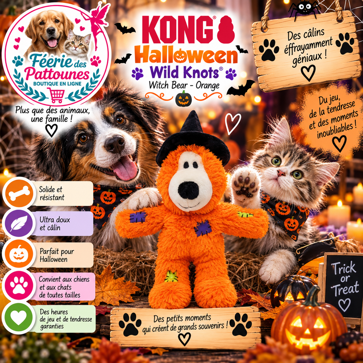 🎃🧸 KONG® Halloween Wild Knots Witch Bear – Orange – 22,5 cm