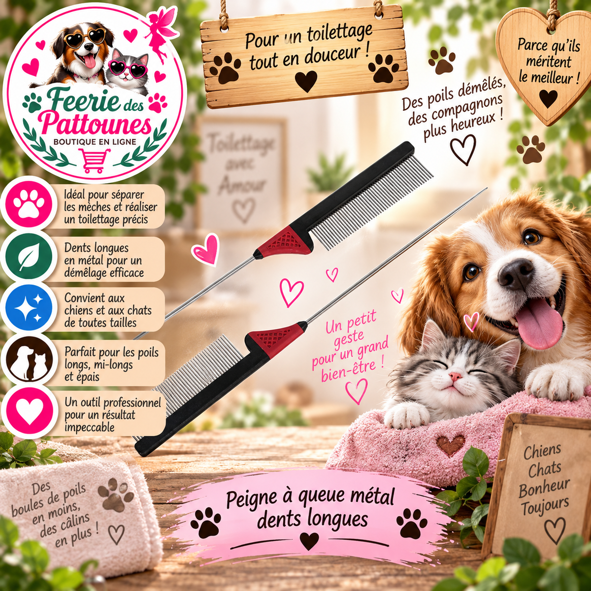🐾 Peigne à Queue Métal – Dents Longues (22 cm)