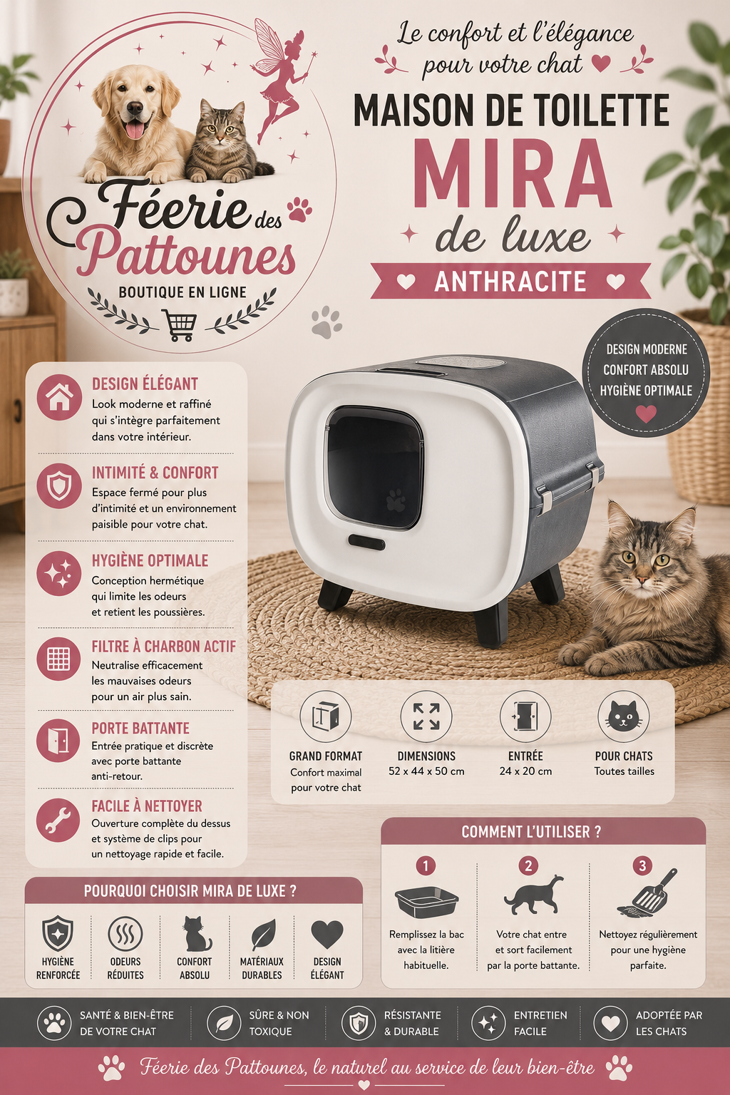 🐾 Maison de Toilette Mira de Luxe Savic – Anthracite (55,5 × 44 × 49,5 cm)