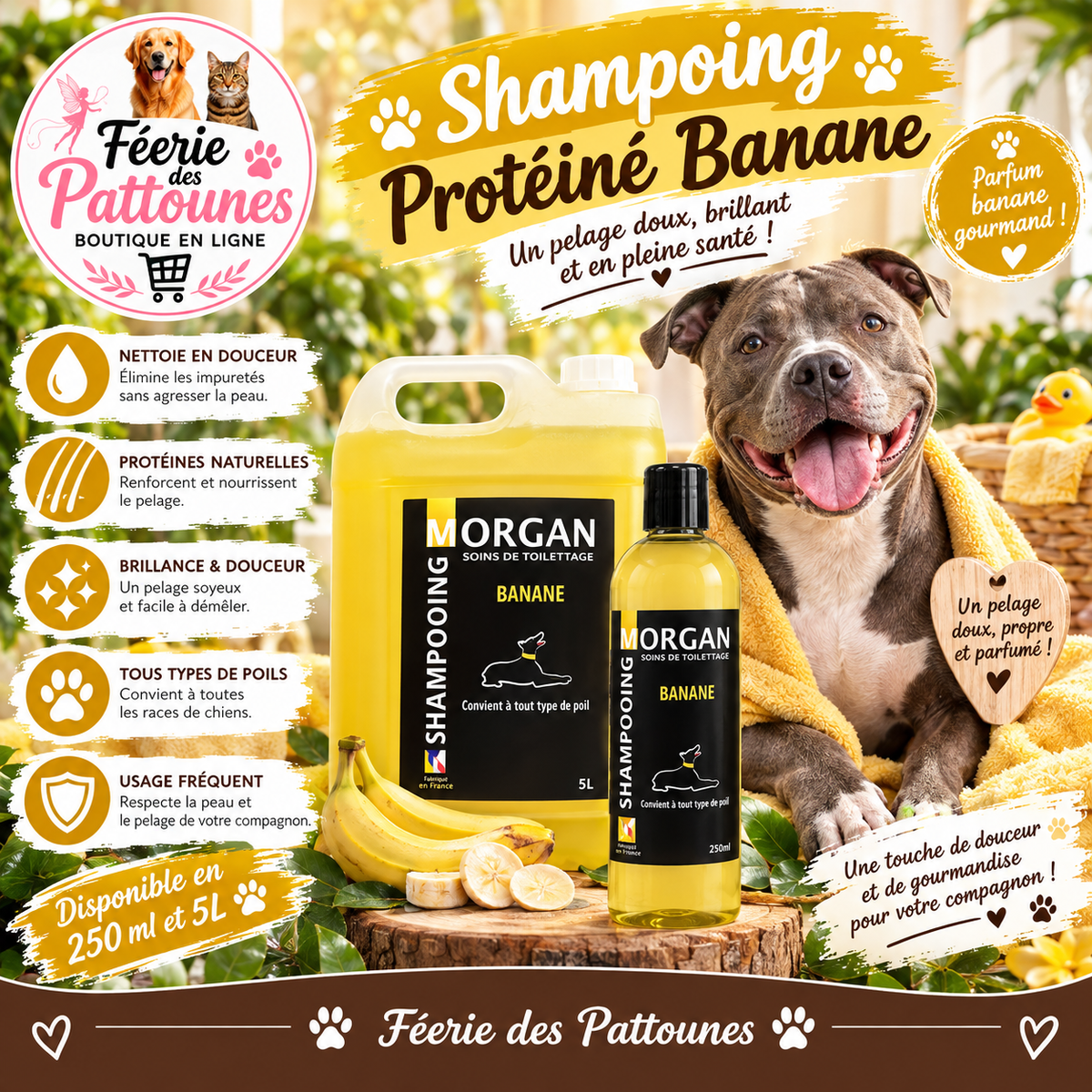 🐾🍌 Shampoing Morgan – Protéiné Senteur Banane (250 ml • 5 L)