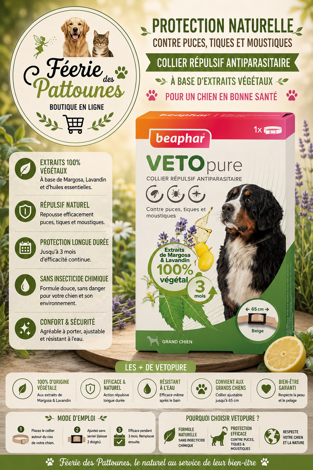 🛡️🐶 Collier Répulsif Antiparasitaire VETOpure – Beaphar Grand Chien (65 cm)