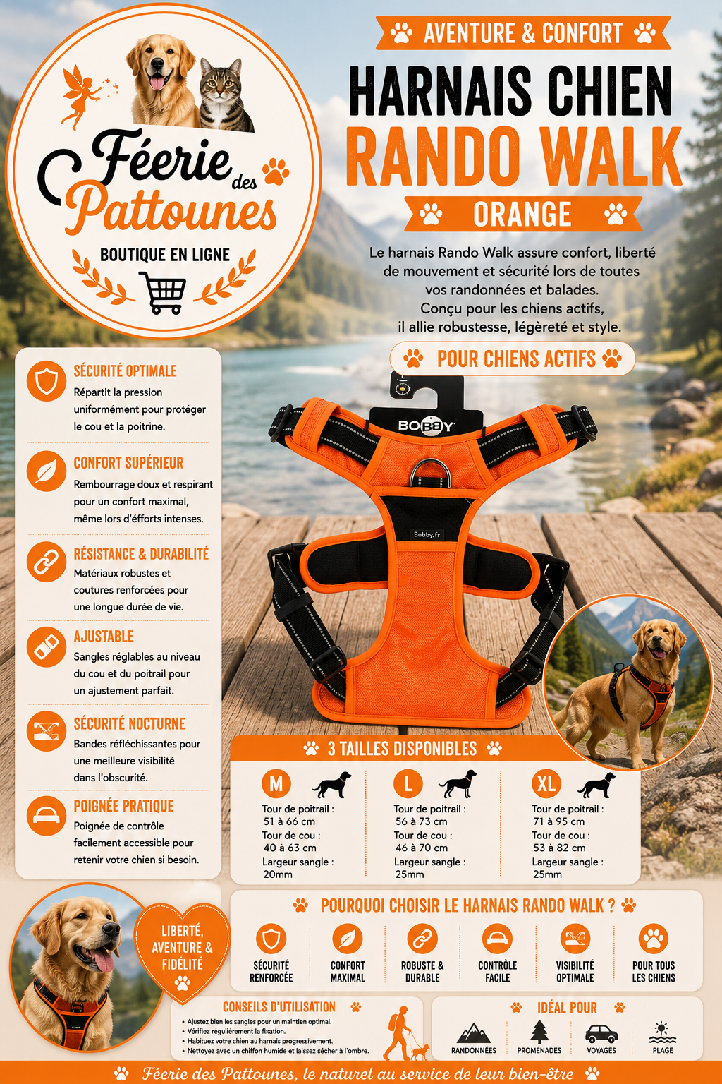 🟧🐶 Harnais Bobby Rando Walk – Orange (Tailles M • L • XL)