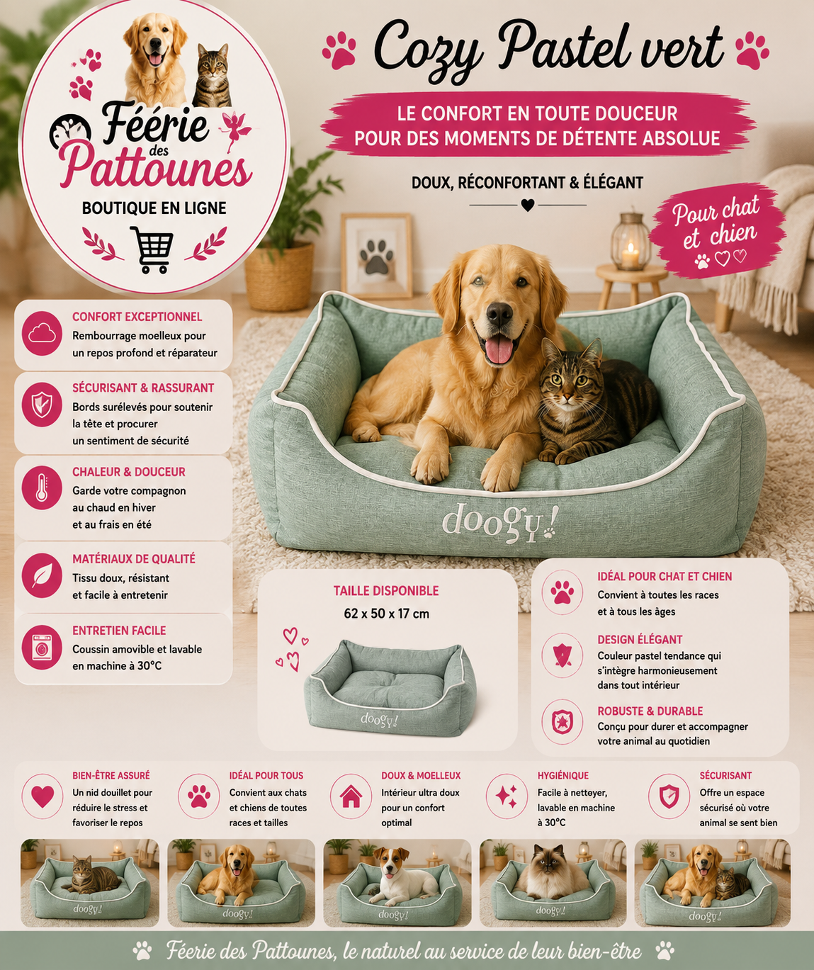 💚🐾 Sofa Cozy Pastel – Vert (62 × 50 × 17 cm)