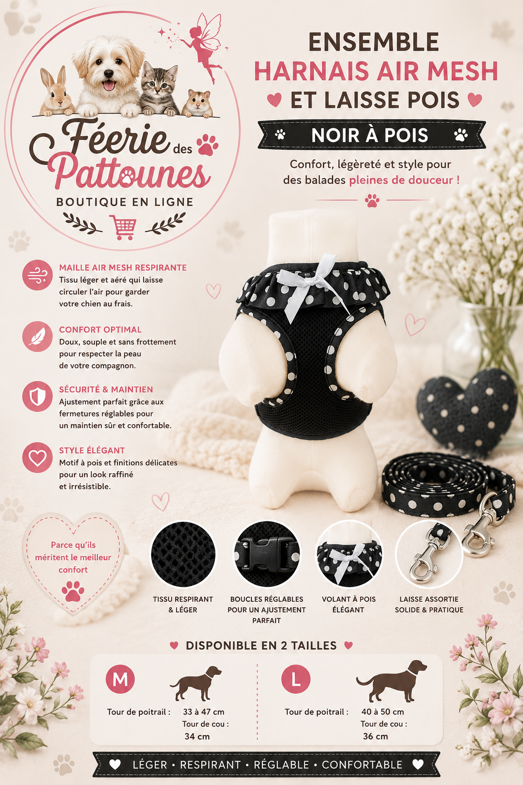 ⚫🐶 Ensemble Harnais Air Mesh & Laisse Pois – Noir (Tailles M • L)