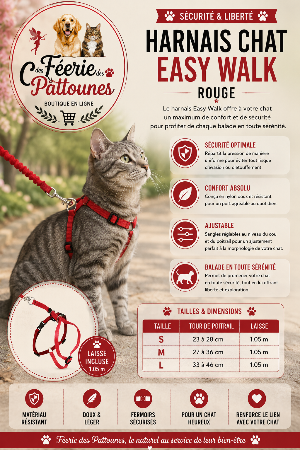 🔴🐾 Harnais Easy Walk Rouge – Pour Chat