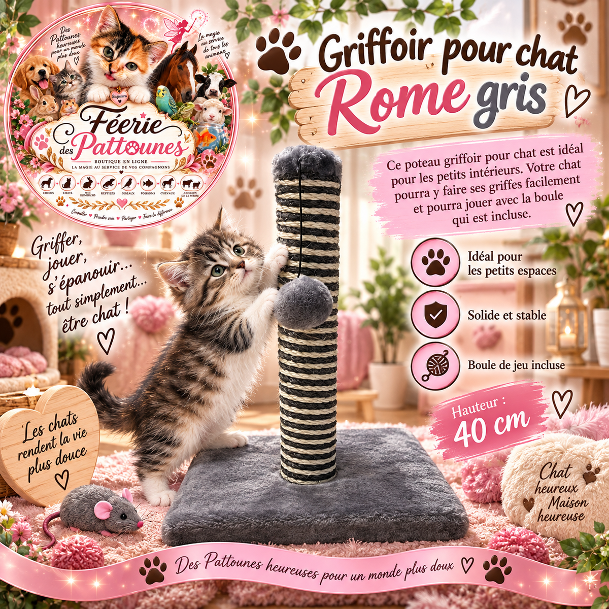 🐱🪵 Griffoir Rome Gris – Poteau en Sisal pour Chat