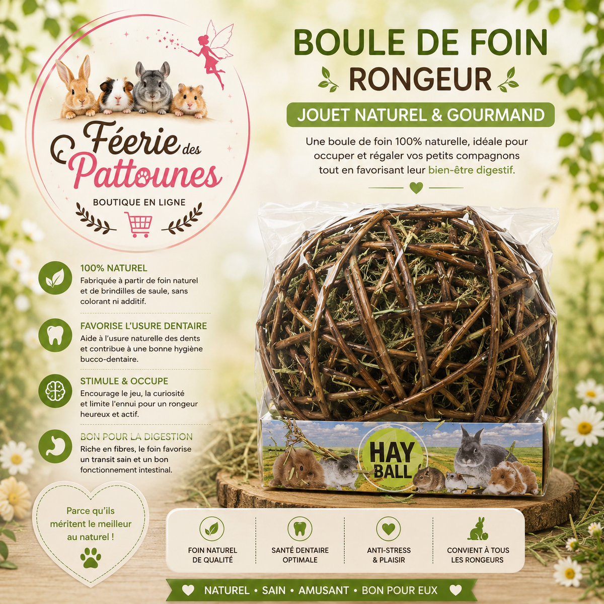🌾🐹 Cunipic – Boule de Foin en Saule Naturel – Rongeurs & Lagomorphes