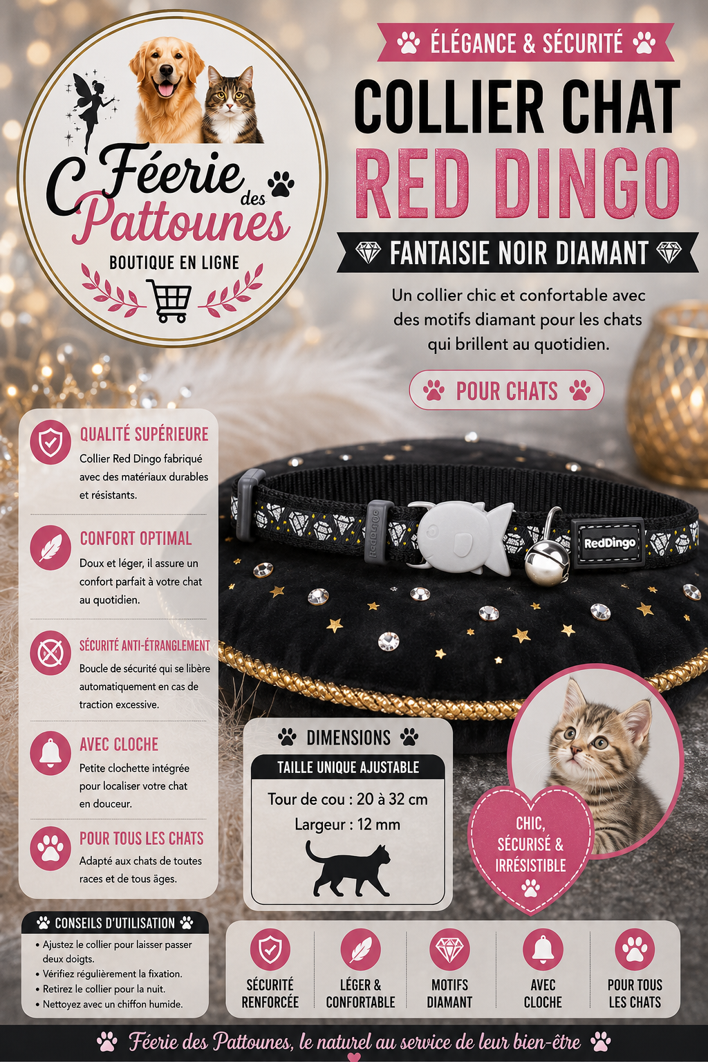 🖤💎🐾 Collier Red Dingo Fantaisie – Noir Diamant (20 à 32 cm × 12 mm)
