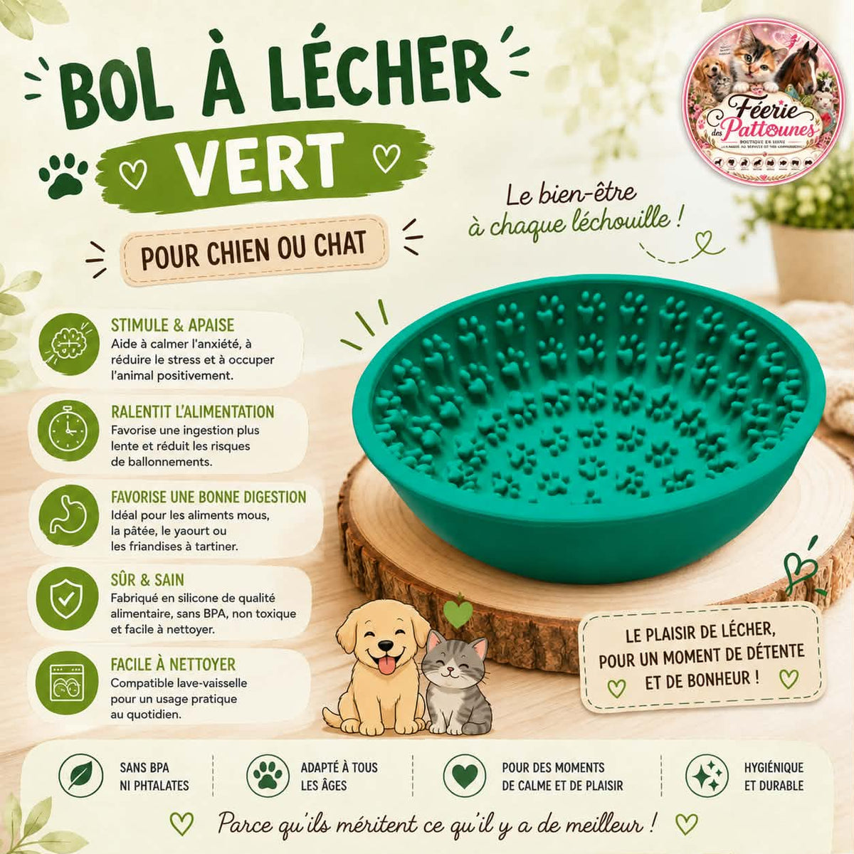 🟢 Bol à Lécher Vert – Stimulation & Apaisement (Ø 16,5 cm)