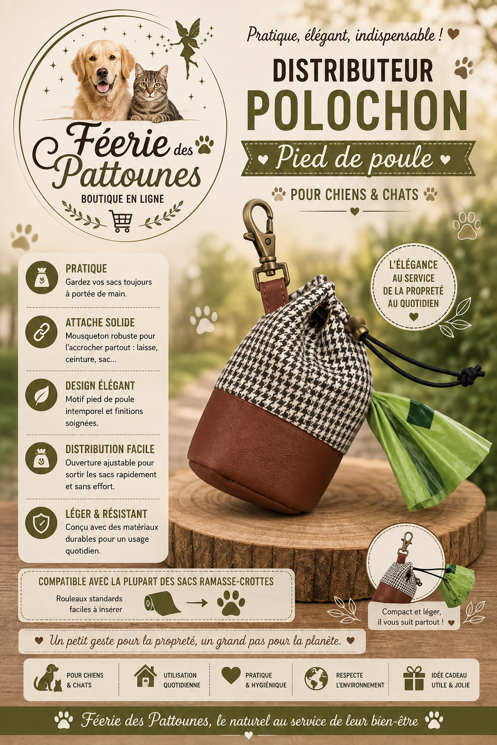 👜 Distributeur Polochon – Motif Pied de Poule (10 × 5 × 5 cm)