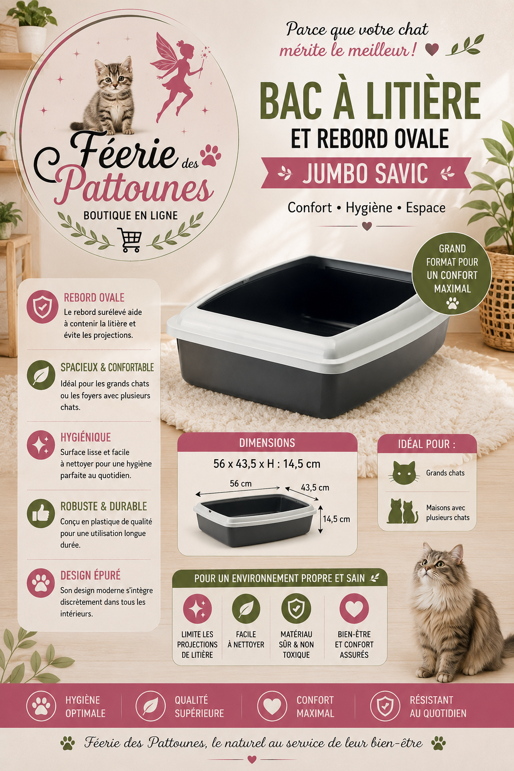 🐾 Bac à Litière avec Rebord Ovale Jumbo Savic – 56 × 43,5 × 14,5 cm