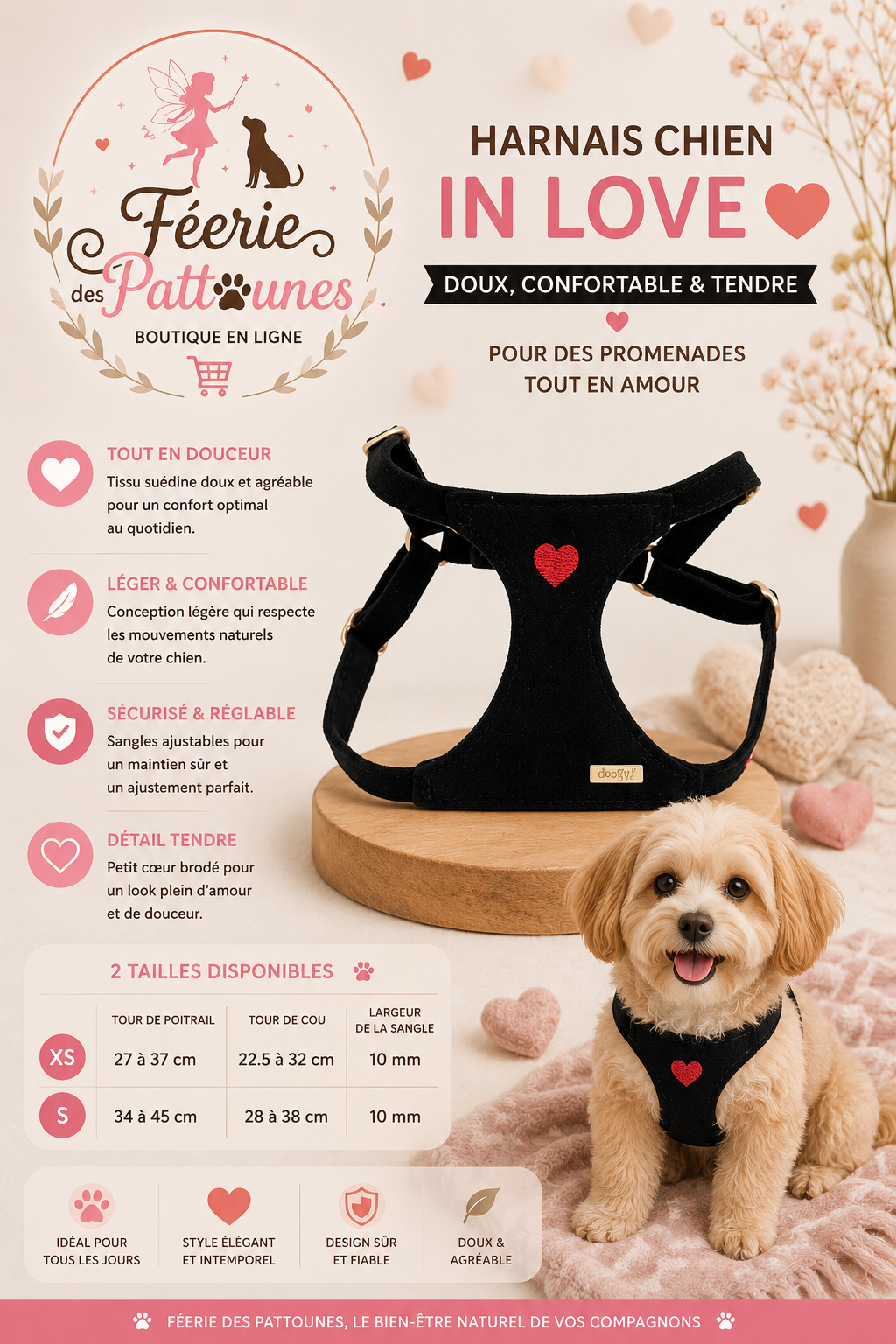 🖤💘🐶 Harnais In Love – Noir (Tailles XS • S)